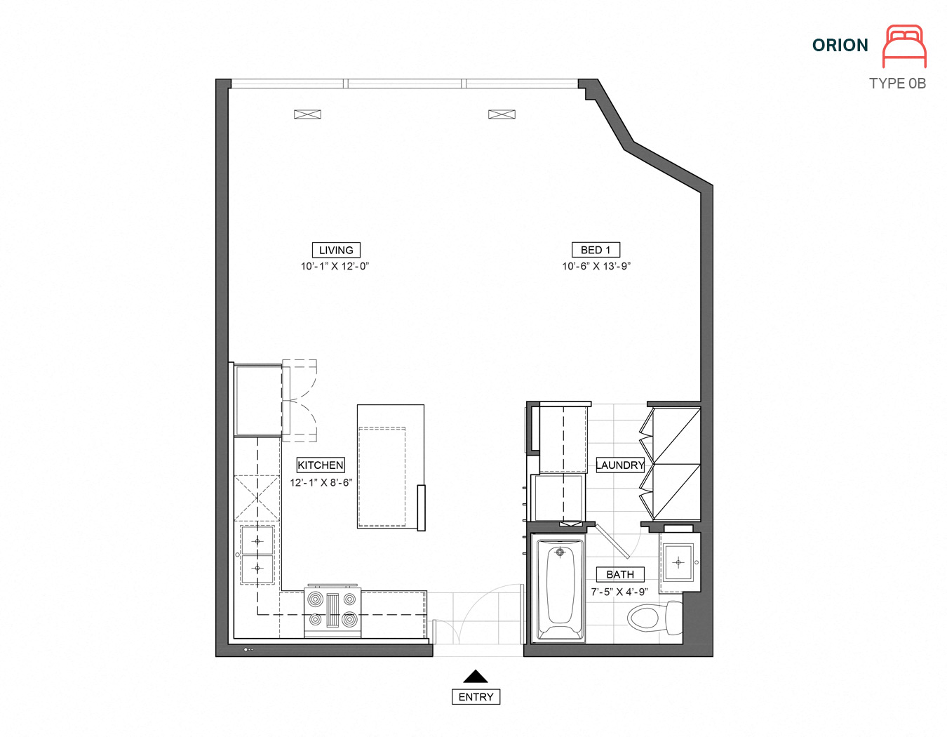 Floor plan for studio, 1 bath, 489 sqft
